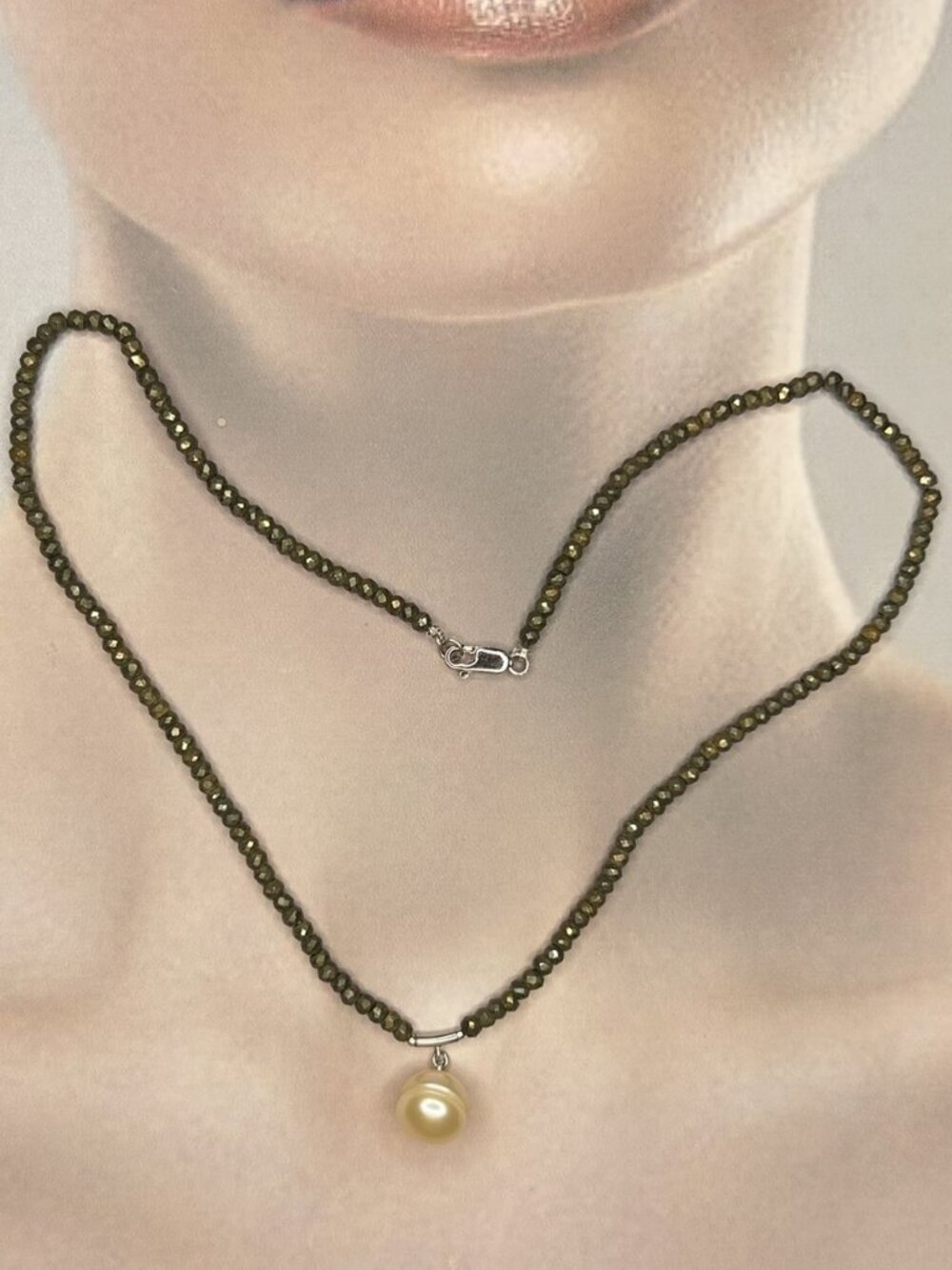 Natural Faceted Rondelle Pyrite Crystal Beads and Freshwater Pearl Necklace.